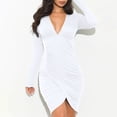 thumbnail image 2 of Ygbgbb Womens Cotton Fall Bodycon Dresses V Neck Long Sleeve Dresses Solid Color Pleated Waist Casual Midi Dresses White M, 2 of 8