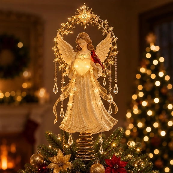 Lighted Memorial Christmas Tree Topper Collection, Angel, Cardinal & Reindeer Designs with Warm Glow and Crystal-Inspired Accents, for Family,Cardinal Heaven(Memorial Angel Cardinal)
