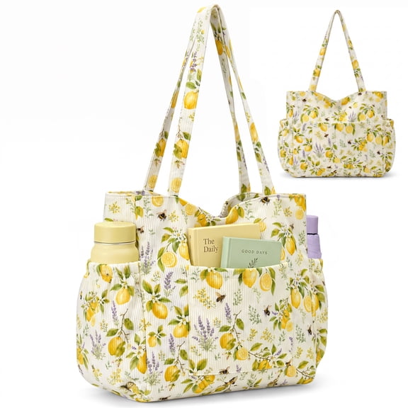 Gocvo Multiple Pockets Corduroy Bag, Large Tote Bag for Women, Ladies Bag Casual Hobo Handbags(Lemon Bee)