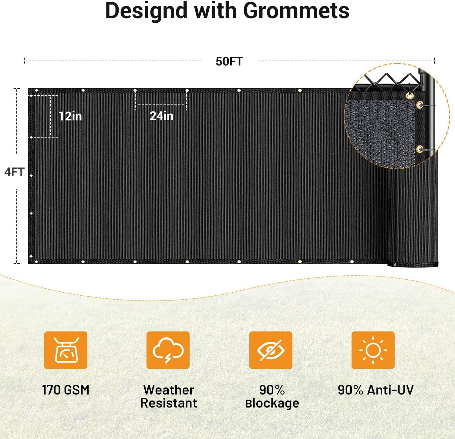 4X50ft Privacy Fence Screen, 90% Privacy Shade Cover, Garden Fence Mesh with Straps & Brass Grommets-Black