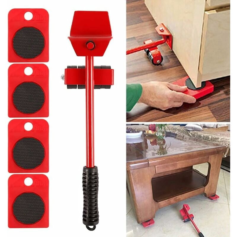 Effortless Heavy Furniture Moving Kit, Moves Furniture On Wheels, Furniture Lever And Trolley Kit, 1 Lifting Rod And 4 Moving Casters, Up To 400Kg