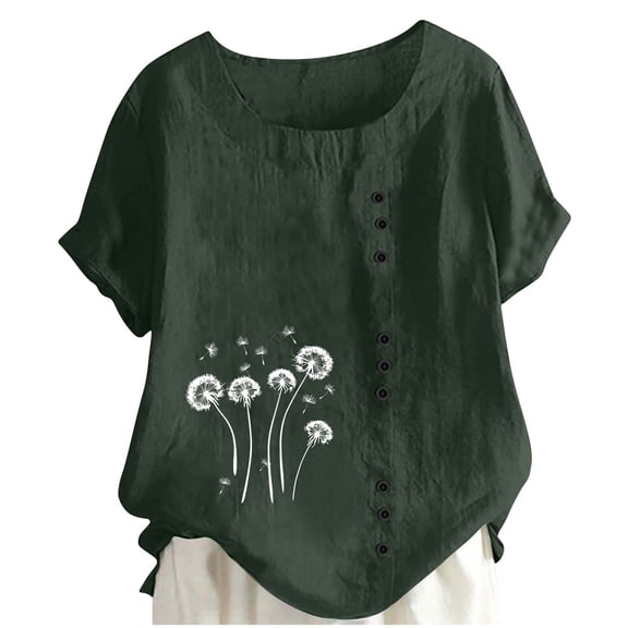 Fengactive Women's Short Sleeve Crew Neck Tops Printed Shirts Button Summer Blouses Tunic Trendy