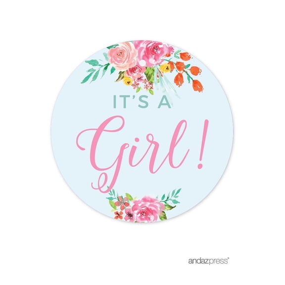 Baby Shower Pink Roses English Tea Party, Round Circle Gift Tags, It's a Girl!, 24-Pack