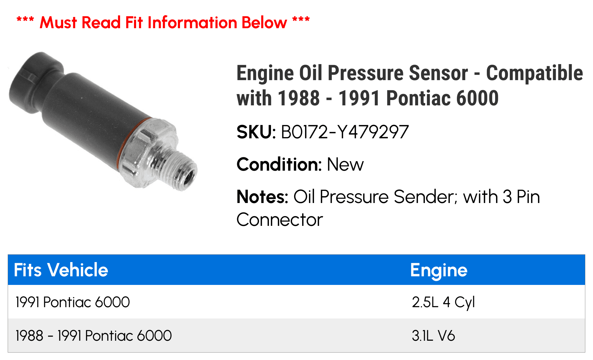 Engine Oil Pressure Sensor - Compatible with 1988 - 1991 Pontiac 6000 1989 1990