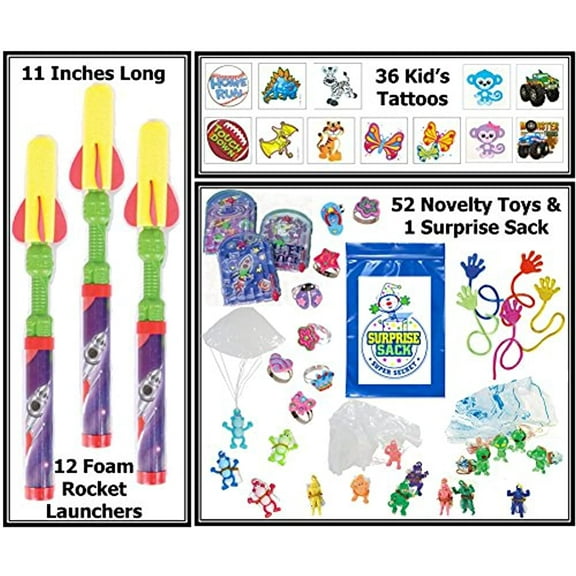 Rockets & More 100 Pc Kid's Party Favor Prize Pack (Toy Assortment Includes: 12 Foam Rocket Launchers, 12 Sticky Hands, 12 Girl's Glitter Rings, 16 Parachutists, 36 Tattoos & More...)