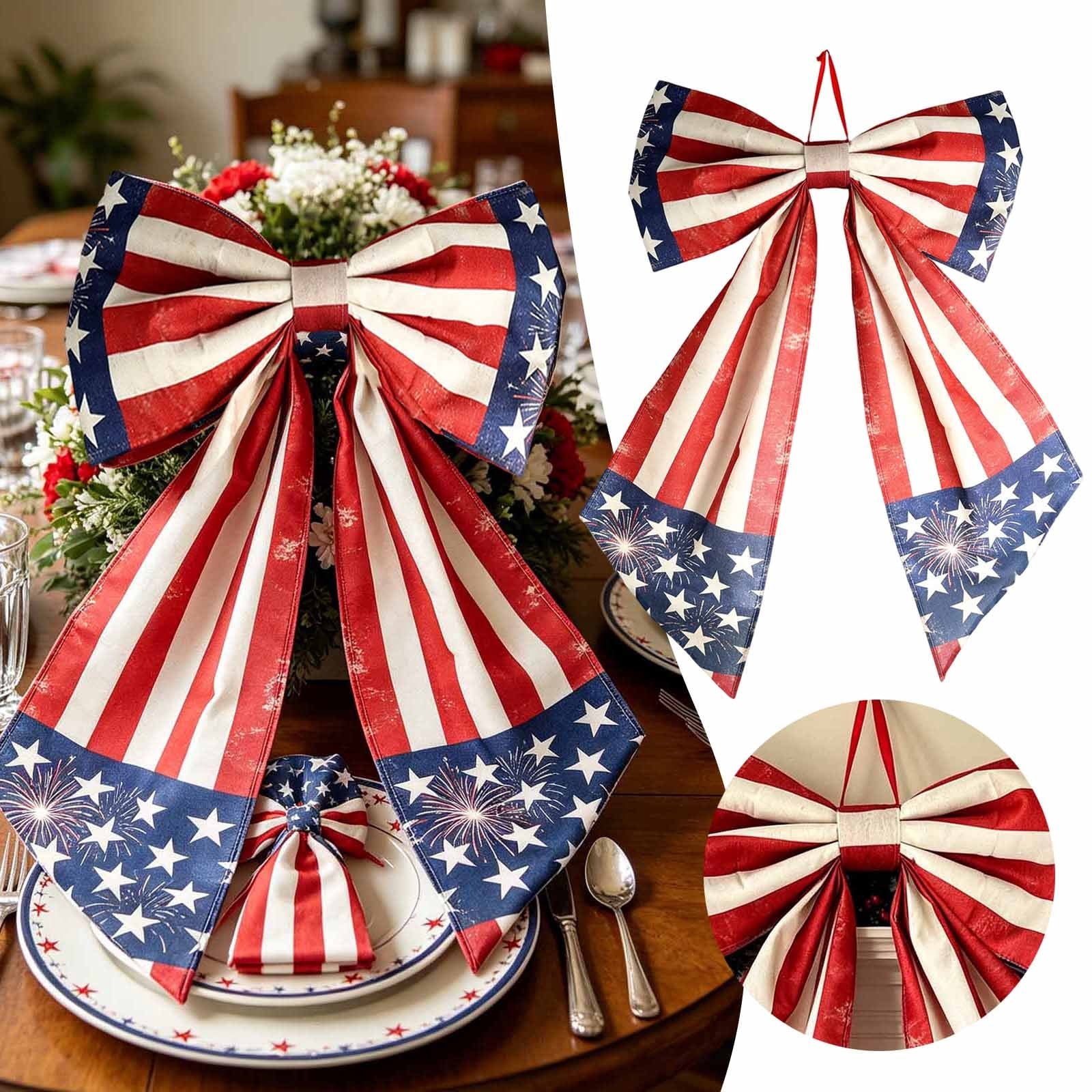 Giant Bow Decoration 4th of July Patriotic Wreath Bow Red White Blue USA Flag Ribbon Decor with Hanging Loop for Front Door Mantel and Independence Day Party