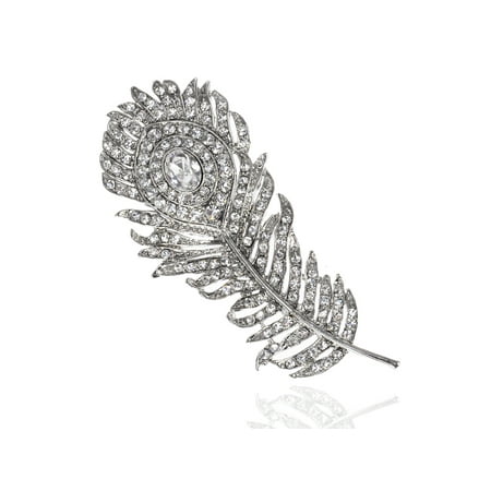 - Silver Tone Fiery Phoenix Peacock Bird Ice Crystal Rhinestone Feather Pin Brooch