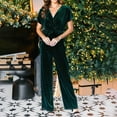 thumbnail image 2 of Ladies Velvet Jumpsuits Short Sleeve Drawstring High Waisted Straight Leg Solid Trendy Elegant Rompers Green,M, 2 of 6