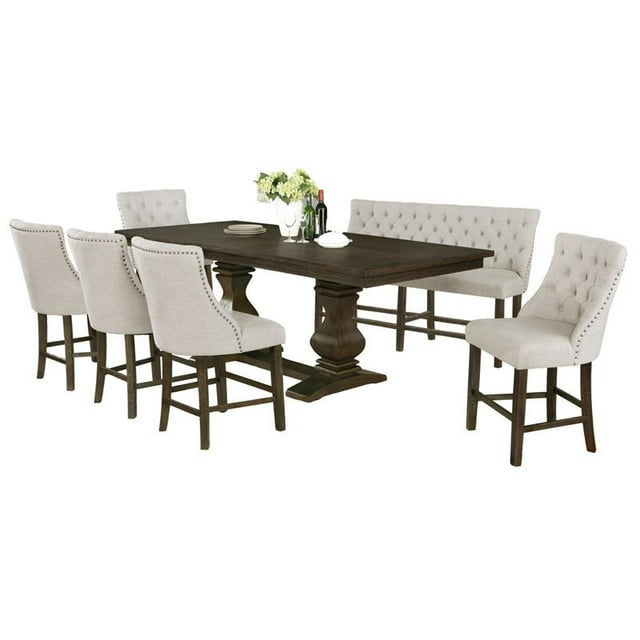Ensemble de Salle à Manger 7pc en Noyer avec Table Extensible + Chaises + Banc