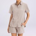 thumbnail image 6 of Laqbezok Women's Waffle Knit 2-Piece Set, Casual Short Sleeve Button Down Shirt and High Waisted Drawstring Shorts Outfit, Textured Summer Lounge Set with Pockets, 6 of 6