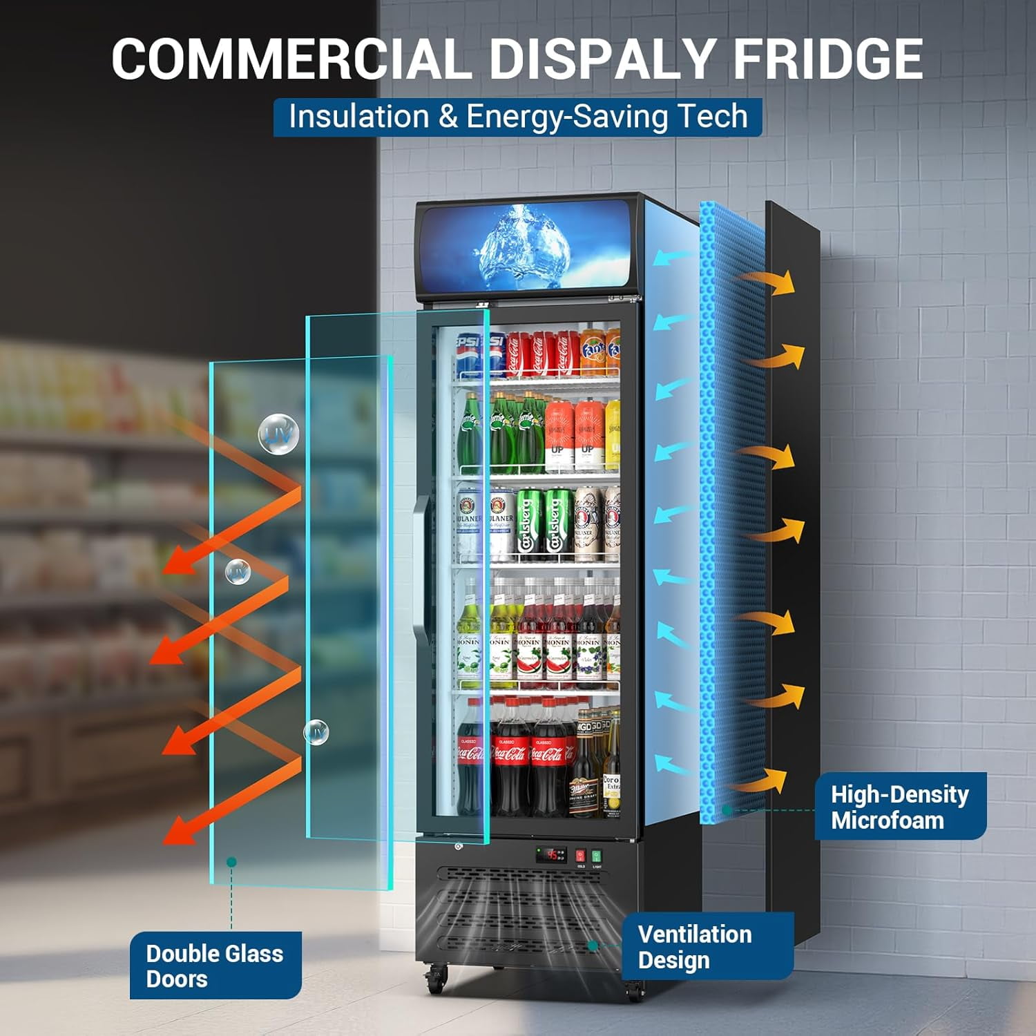 Ecojoy Commercial Beverage Refrigerator 14.8 Cu Ft, Commercial Display Fridge with Glass Door & Front LED Light for Stores, Restaurant, Office