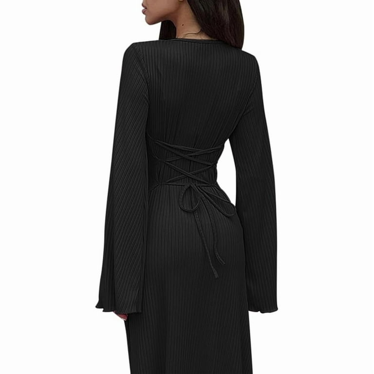 black long sleeve ribbed bodycon dress Women Long Sleeve Maxi Dress Ribbed Knit Bodycon Casual Dresses Going Out Outfit