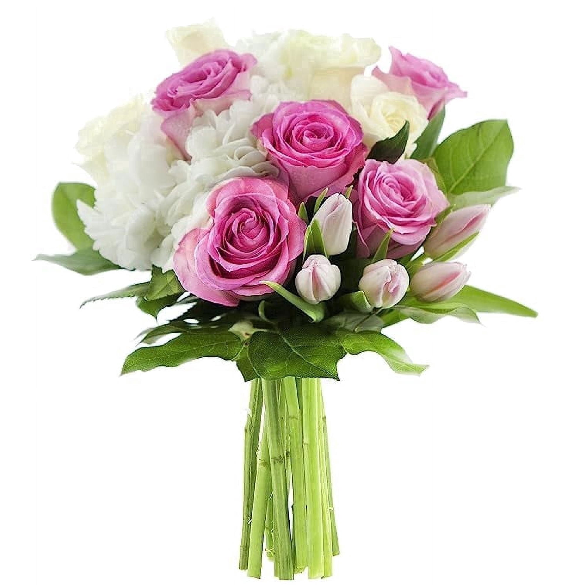 Kabloom Fresh Flower Bouquet with Pink Roses, White Roses, Pink Tulips, White Hydrangeas, and Lemon Leaf Greens