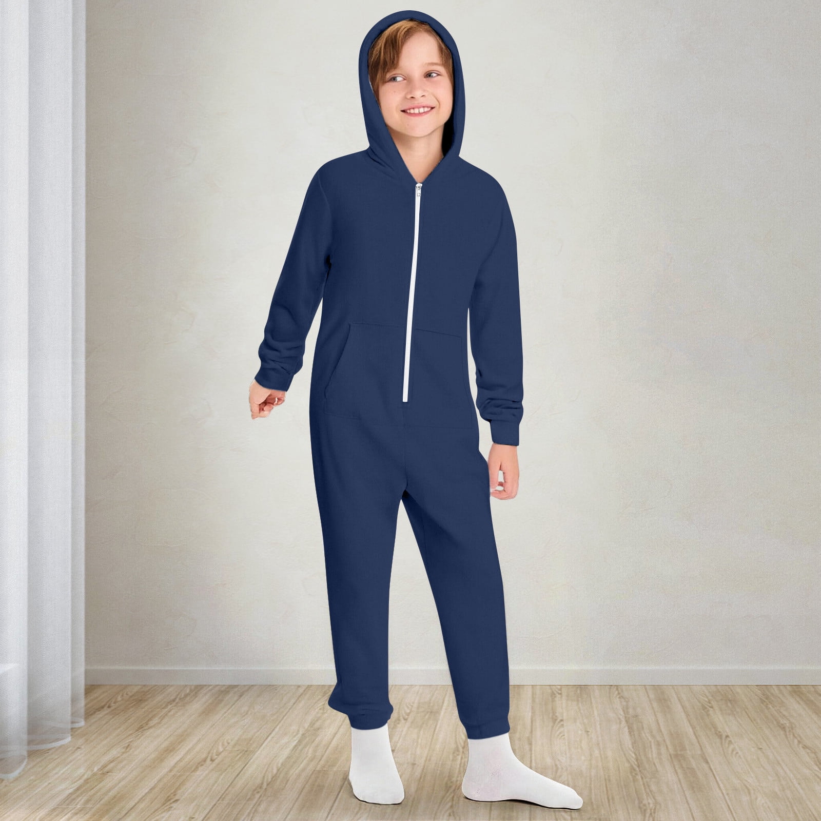Ulitacool Summer Onesie For Boys Crewneck Kids Girls Boys Solid Color Long Sleeves Zipper Sweatshirt Hooded Romper Jumpsuit With Pocket Outfits For Children Classic Clothes Navy 15-16 Years