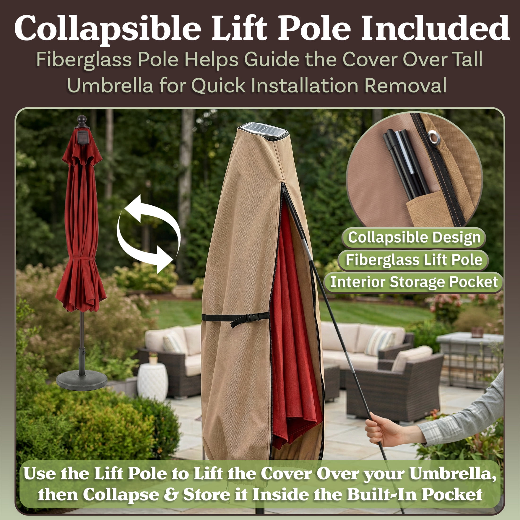 Pure Garden Waterproof Solar Outdoor Umbrella Cover for 11ft Round or 8ft Square, Tan