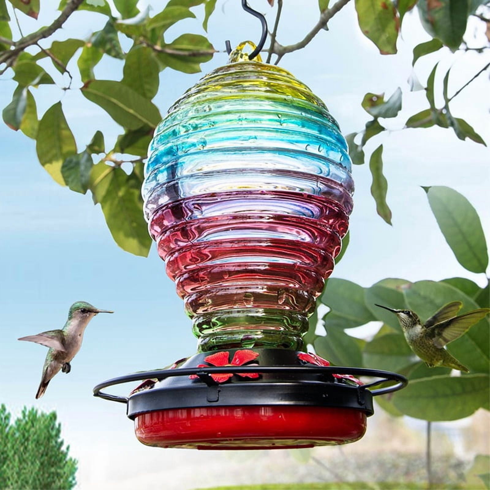 Glass Hummingbird Feeder, Rainbow Hummingbird Feeders for Outdoors Hanging, 29 Ounces, Cute Spiral Shape Bottle