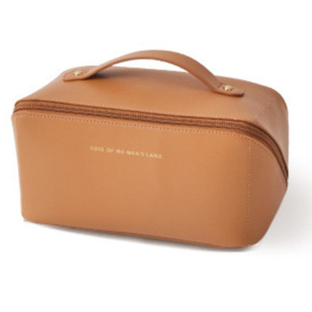 L grey Bolsa de maquillaje para mujer, bolsa de maquillaje de viaje de gran capacidad, bolsa de maquillaje plana portátil de gran apertura