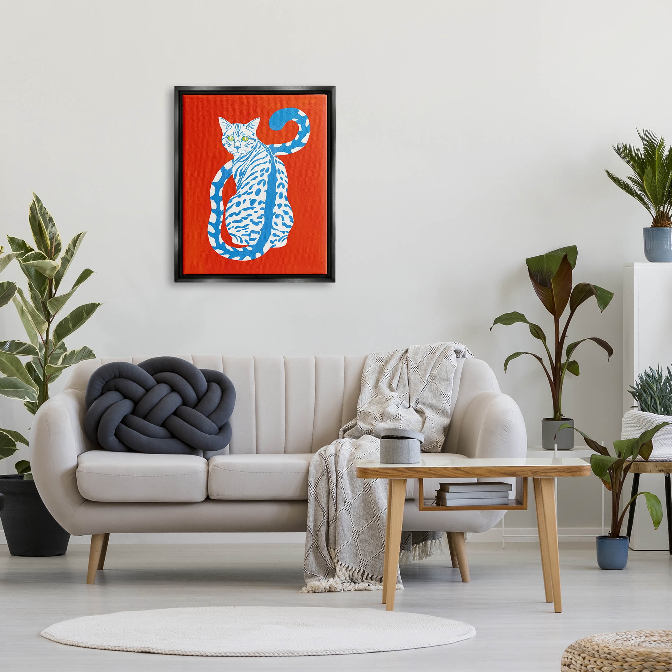 Stupell Industries Blue Gazing Cat Bold Modern Design Graphic Art Jet Black Floating Framed Canvas Print Wall Art, Design by Grace Popp
