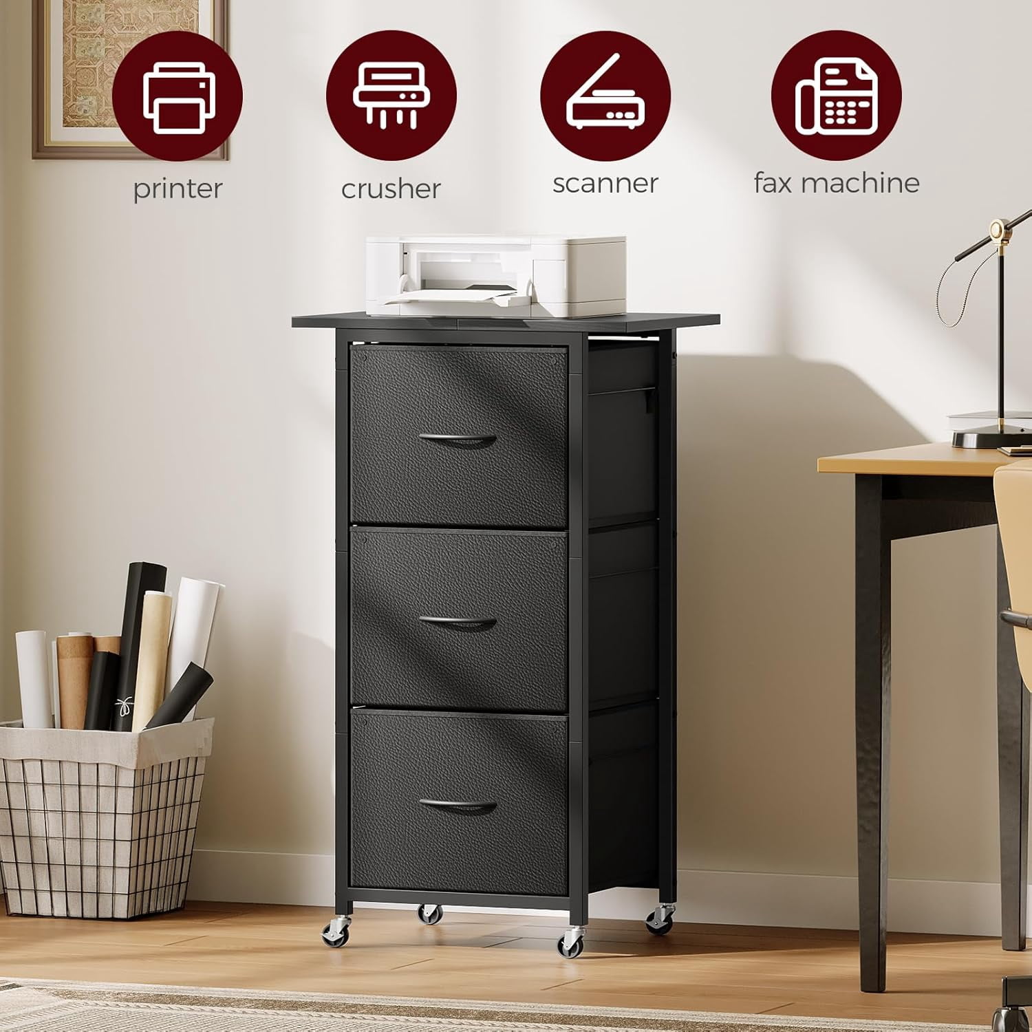 3 Drawer File Cabinet, Vertical Filing Cabinet with Wheels, Printer Stand with Non-Woven Fabric Drawer, Adjustable Hanging Rods, fits A4/Letter Size, for Home Office