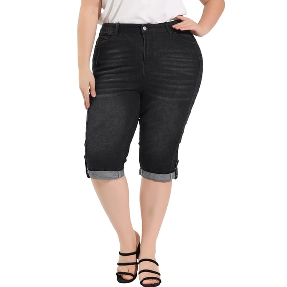 Unique Bargains Women's Plus Size Outfits Skinny Stretch Jeans Capri at Knee Denim Shorts Black 1X
