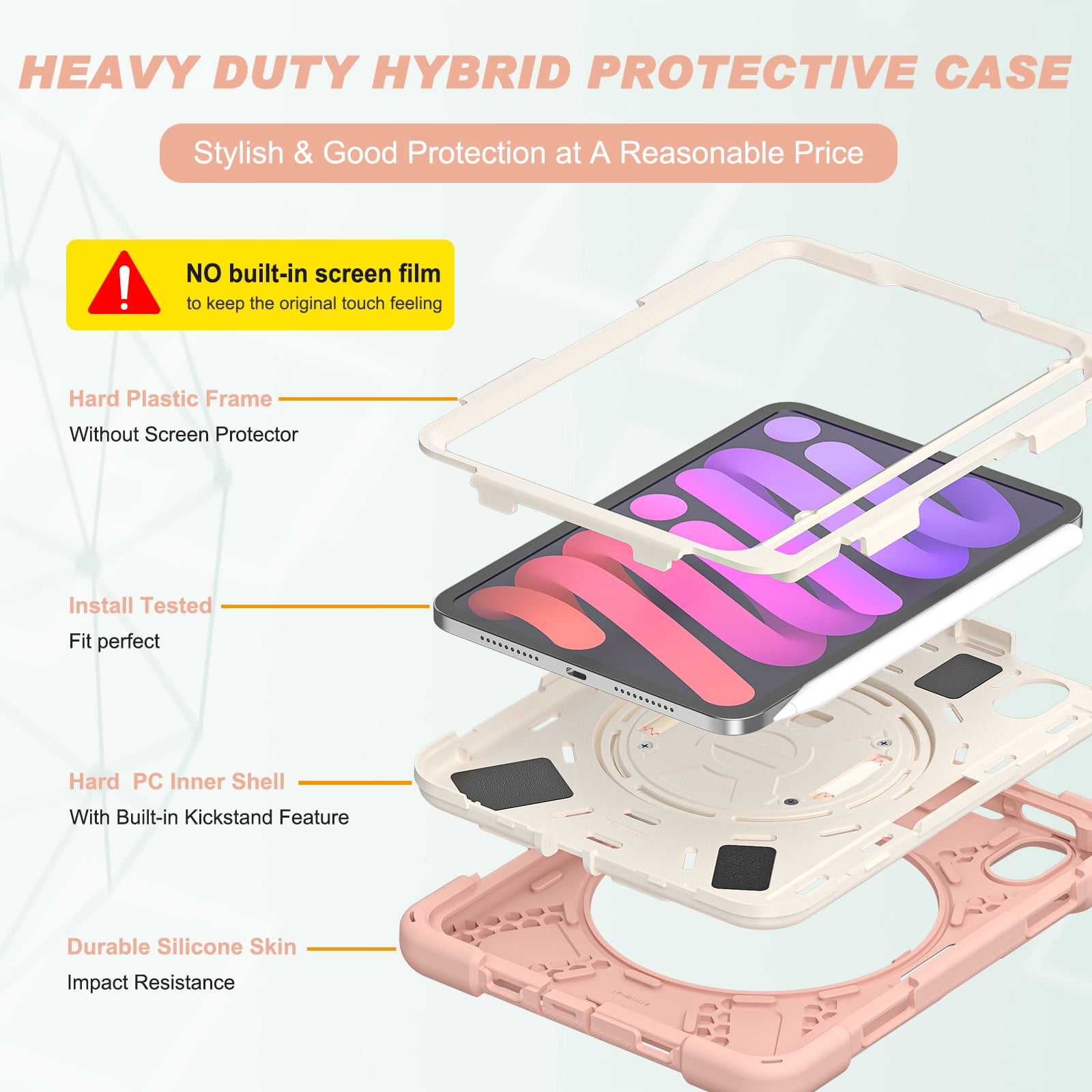 Allytech iPad mini 6 Case 8.3-inch 2021, Military Grade Shockproof Anti-scratch Build-in Pencil Holder Kickstand Hand Strap Protective Case Cover for Apple iPad mini 6th Generation, Pink