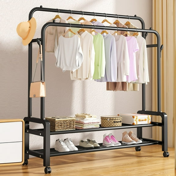 BN-LINK Double Rods Clothes Rack with Wheels, Rolling Clothing Garment Rack with 2 Bottom Shelves & 4 Side Hooks, Heavy Duty Clothes Organizer for Bedroom, Laundry, Living Room, Black