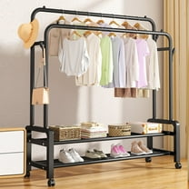 BN-LINK Double Rods Clothes Rack with Wheels, Rolling Clothing Garment Rack with 2 Bottom Shelves & 4 Side Hooks, Heavy Duty Clothes Organizer for Bedroom, Laundry, Living Room, Black