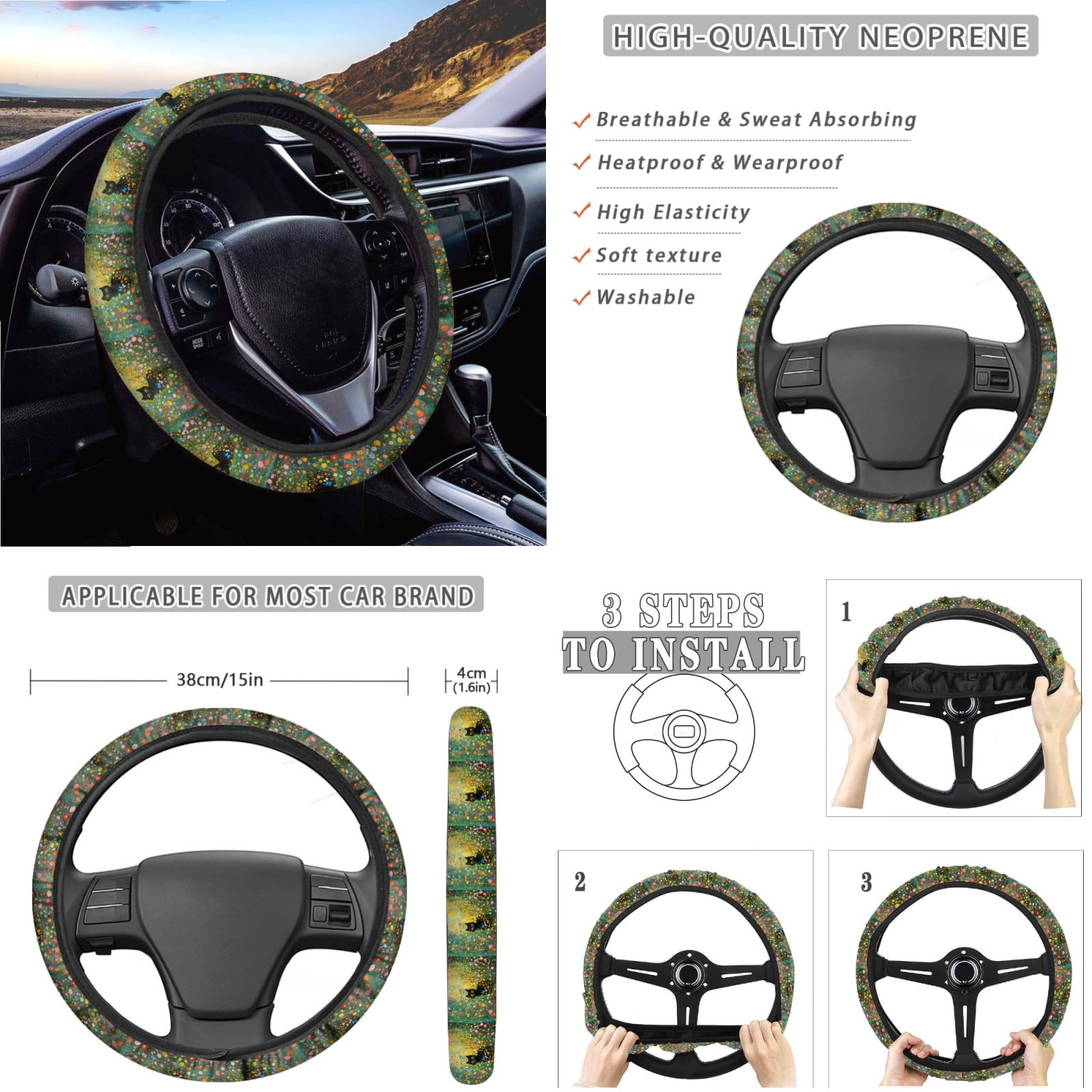 Jeiento Black Cat Car Seat Cover Set with Steering Wheel Cover Seat Belt Covers Waste Bin Center Console Pad Rear View Mirror Cover Floral Handbrake Cover Set Coasters Auto Accessories Set of 14