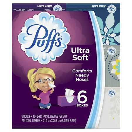 Puffs Ultra Soft Non-Lotion Facial Tissues, 6 Family Boxes, 124 Tissues per Box (744 Tissues (Best Tissues For Sore Nose)