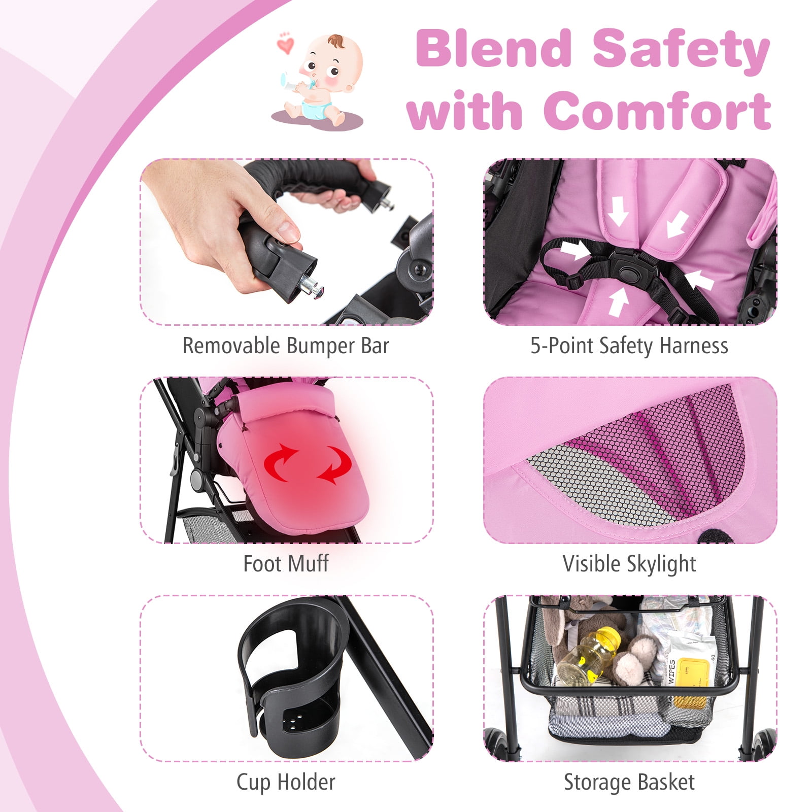 Babyjoy 2 in 1 Foldable Baby Stroller Kids Travel Newborn Infant Buggy Pushchair 22 lbs Pink