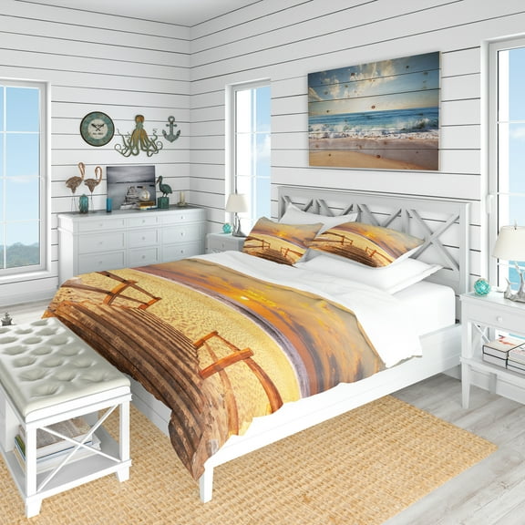 Designart 'Brown Wooden Boardwalk into Beach' Coastal Duvet Cover Set
