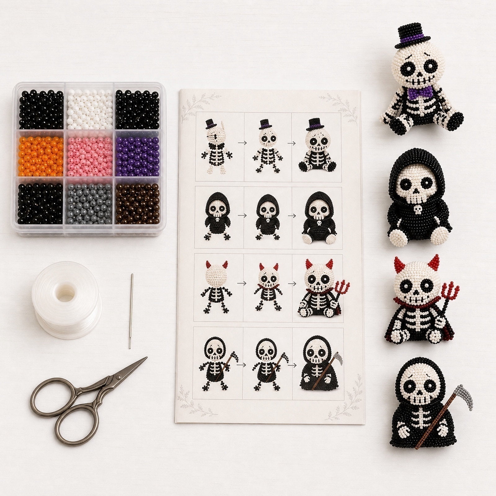 3D Beaded Skeleton DIY Kit, Cute Skeleton Bead Craft Set, Beginner Friendly Halloween Beading Set with Instruction, Handmade Skeleton Figurine Making Kit for Home Decor
