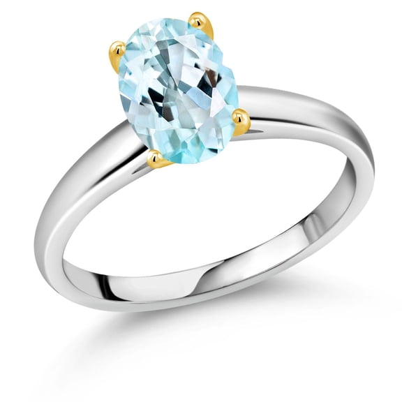 Gem Stone King 2.00 Ct Oval Sky Blue Topaz 10K White and Yellow Gold Ring Ring (Size 5)