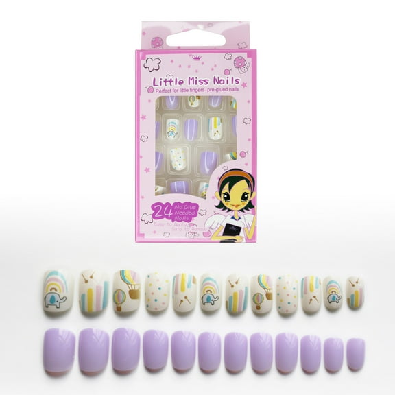 Fofosbeauty 24 PCS Kids Press on Nails Full Cover Short Children False Nail, Children Nails Colorful Rainbow Purple