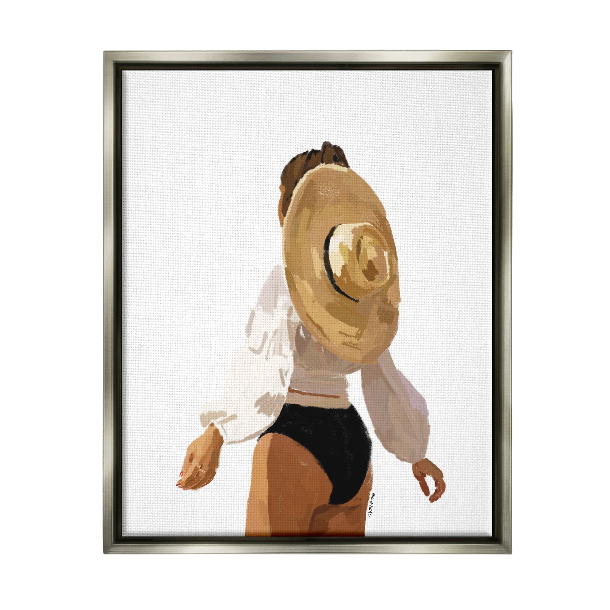 Stupell Industries Woman Draped Sun Hat Tropical Summer Vacation Graphic Art Luster Gray Floating Framed Canvas Print Wall Art, Design by Amelia Noyes