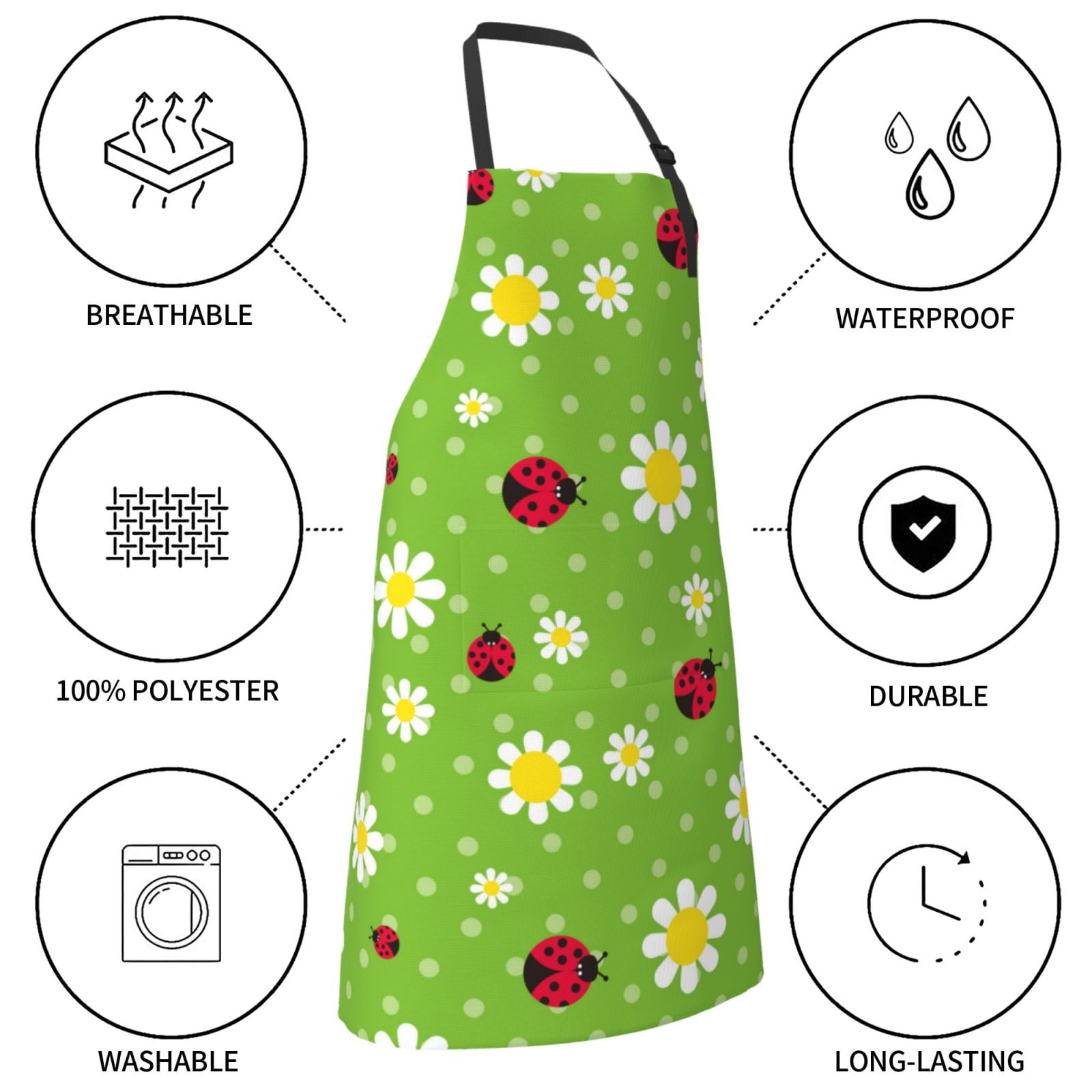 Kdxio Daisies And Ladybugs Apron with Pockets Adjustable Kitchen Aprons for Men Women Waterproof Aprons for Cooking,Drawing,Crafting, Baking Household Cleaning