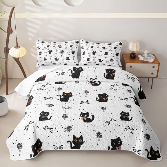 jejeloiu Black Cat Ribbon Bow Twin Quilt Set Kids,White Floral Print Twin Coverlet Set,2pcs