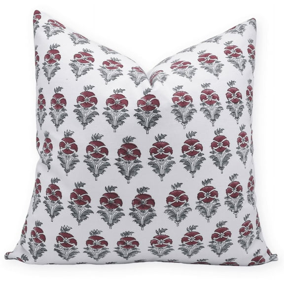 Fabdivine Block Print Throw Pillow Cover, 18x18 Inch Thick Cotton White Decorative Cushion Cover, Floral Print Boho Design Red Pillow Cover for Sofa and Couch