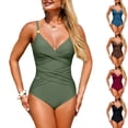 thumbnail image 4 of Minjewel Women's Cross-Back One-Piece Swimsuit with Ruched Tummy Control, Solid Color Slimming Bathing Suit, Athletic Swimwear for Women,Army Green,2XL, 4 of 7