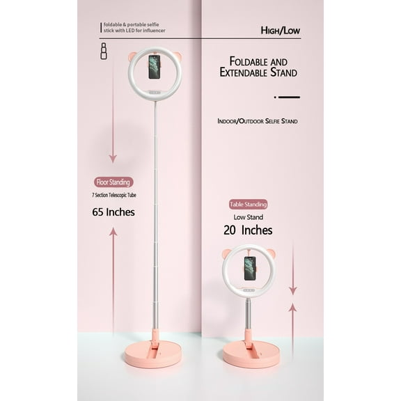 Portable and Adjustable Phone Stand with 128 LED Lights Pink Color