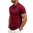 thumbnail image 2 of YLSDY Men's Slim-Fit Ribbed Collared Shirt, Striped Cuff Trim, 3-Button Placket Short Sleeve Top for Casual & Business Casual Wine XXXL, 2 of 9