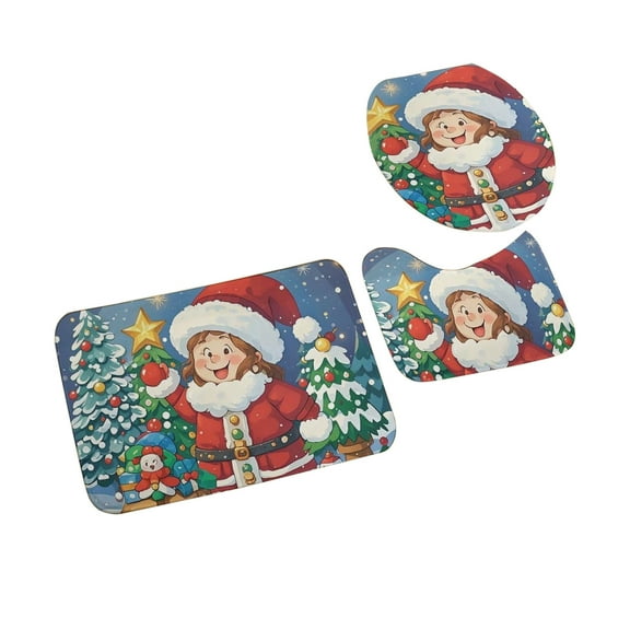Bathroom Rug Set Non-Slip Bath Mat Christmas Winter Bath Rugs Washable Bathroom Mats for Holiday Home Decor (A)