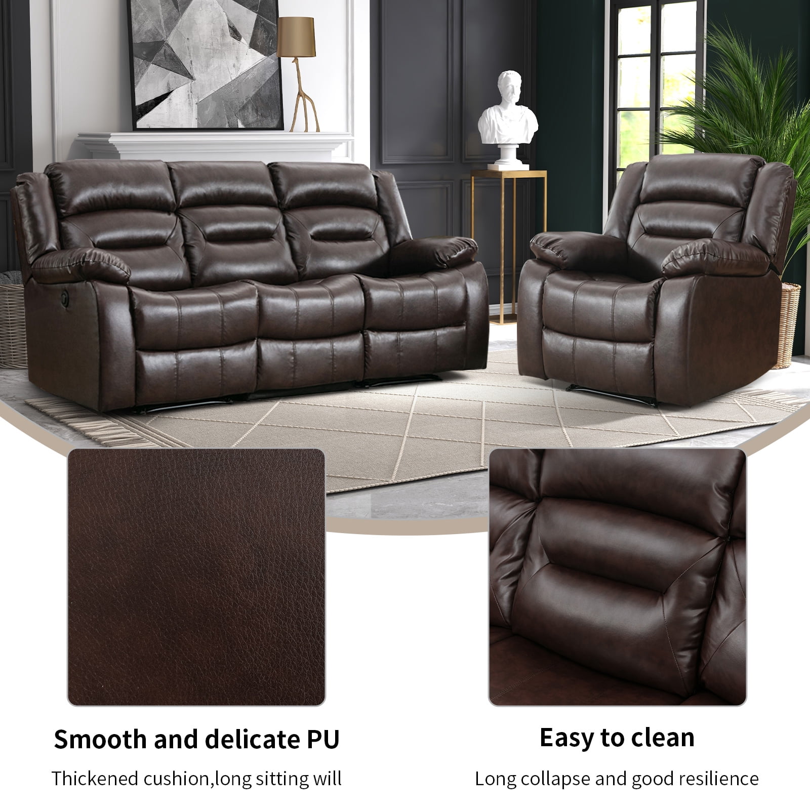 Bonzy Home Faux Leather Power Recliner Chair and 3-Seat Sofa Set, Electric Reclining Couch for Living Room, Bedroom, Office, Brown(Recliner+Sofa)