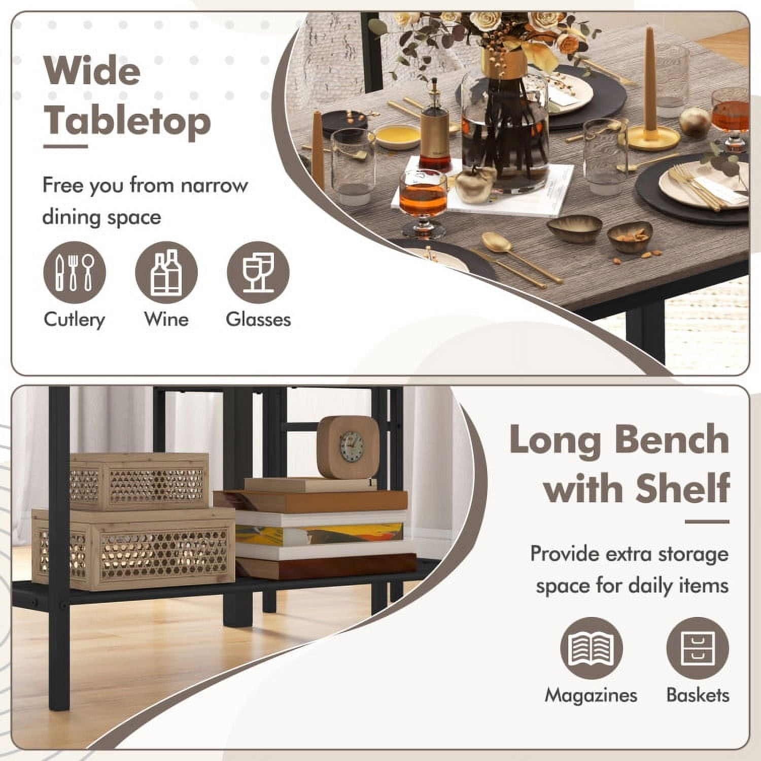 Finihen Dining Set, Dining Table Set, 4 Pieces Rustic Dining Table Set with 2 Chairs and Bench, for Home, Restaurant, Gray Finihen Dining Set, Dining Table Set, 4 Pieces Rustic Dining Table Set with 2 Chairs and Bench, for Home, Restaurant, Gray