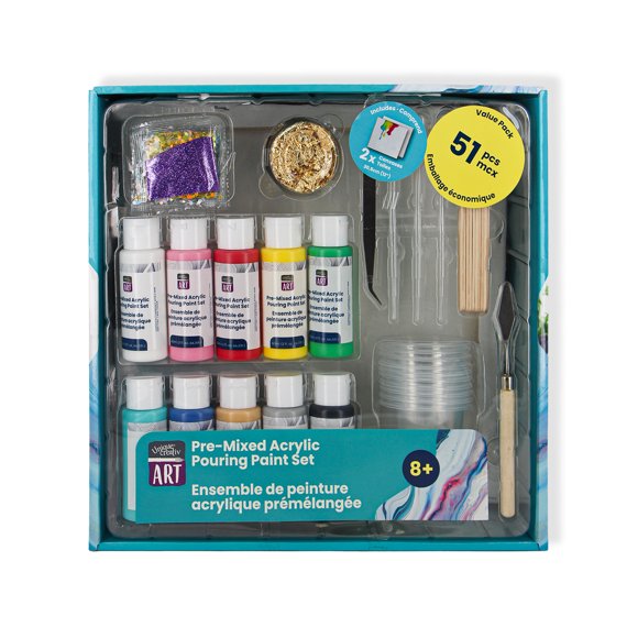 Coffret Unique Creativ Art de Peinture Pré-Mélangée Versable, 51 pièces, Toiles 30,5 x 30,5 cm