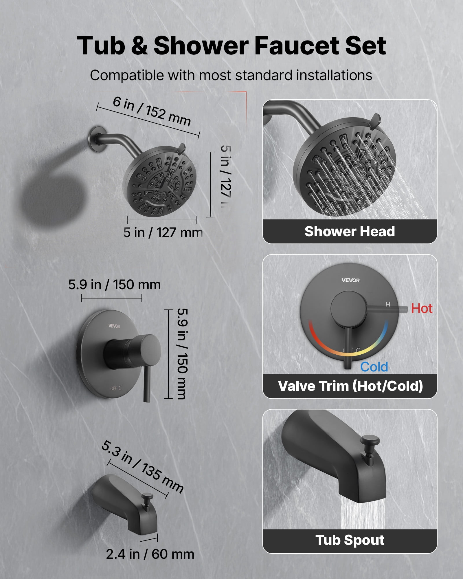 VEVOR Tub and Shower Faucet Set, Complete with 5-Inch Rainfall Shower Head and Bathtub Spout, 8-Setting Adjustable Spray, Single-Handle Tub Trim Kit with Brass Pressure Balancing Valve, Matte Black