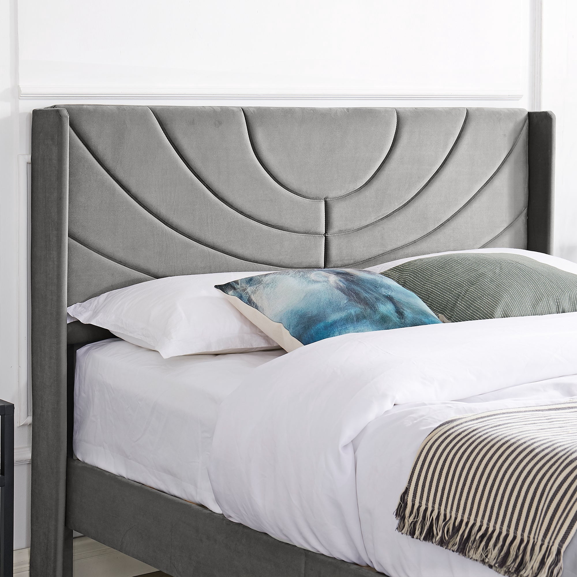 VECELO Queen Platform Bed Frame with Upholstered Headboard, Strong Wooden Slats/No Box Spring Needed, Dark Gray