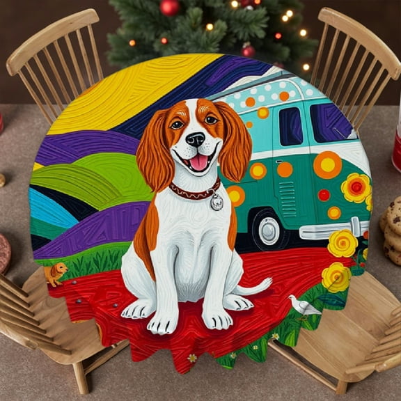 RKSupls Round Tablecloth - Colorful Dog Van Microfiber Table Cover - Soft, Stain Resistant & Washable Decor for Wedding, Party, Holiday, Home Dining, 60x60inch