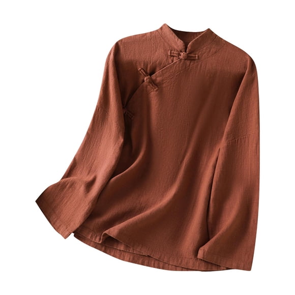 Women Embroidered Cotton Linen Long Sleeve Stand Collar Mandarin Blouse Ethnic Button Up Top Traditional Chic Shirt
