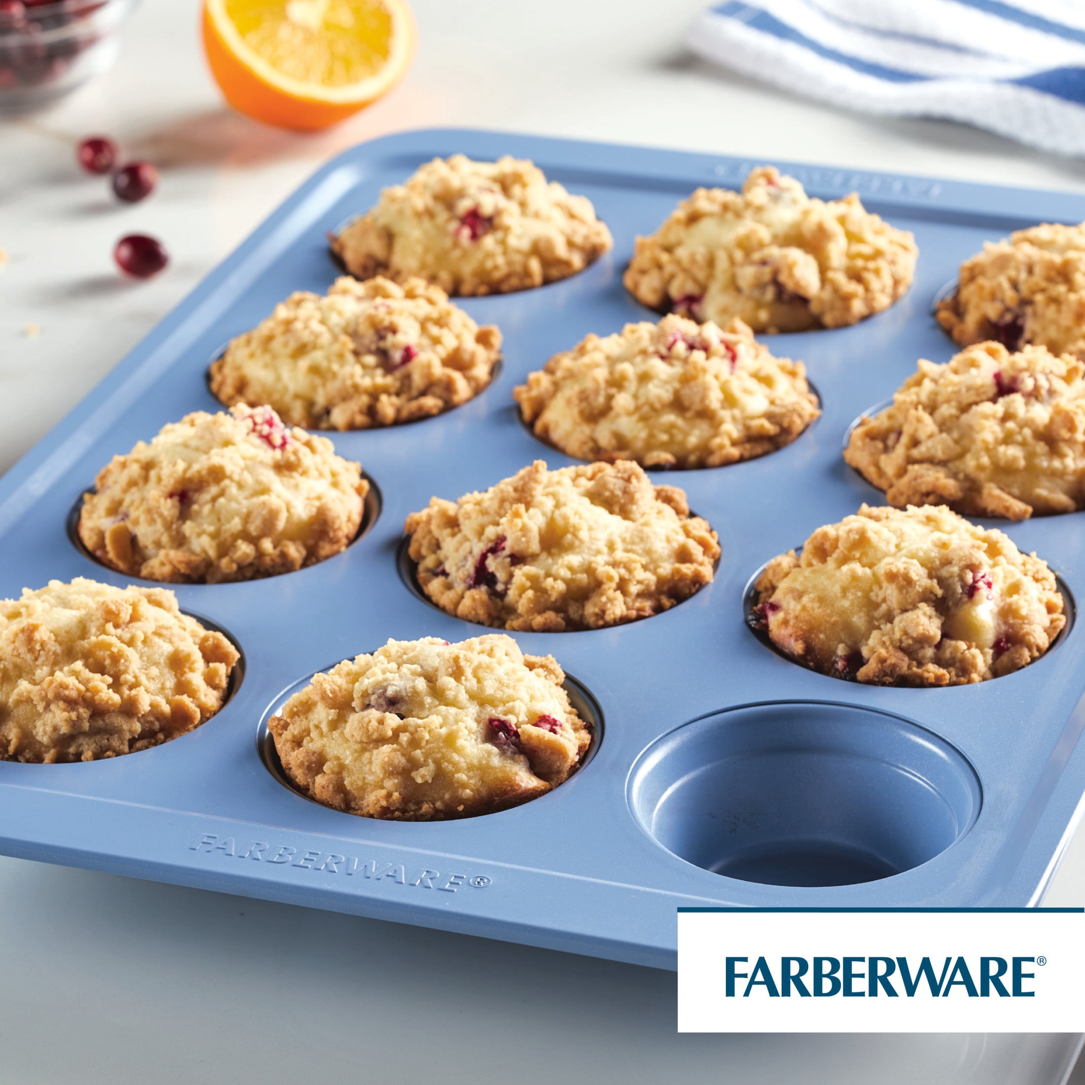 Farberware Easy Solutions 12 Cup Nonstick Bakeware Muffin Pan, Dishwasher Safe and Oven Safe to 450°F, Blue
